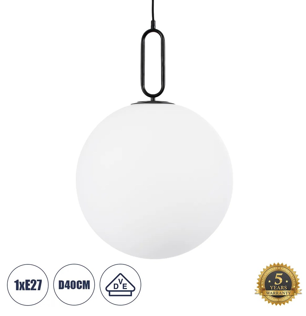 GloboStar® BELLISSIMO 61491 Μοντέρνο Κρεμαστό Φωτιστικό Οροφής Μονόφωτο 1 x E27 Γαλακτερή Γυάλινη Μπάλα με Μεταλλικό Μαύρο Ματ Σώμα Φ40 x Υ62cm