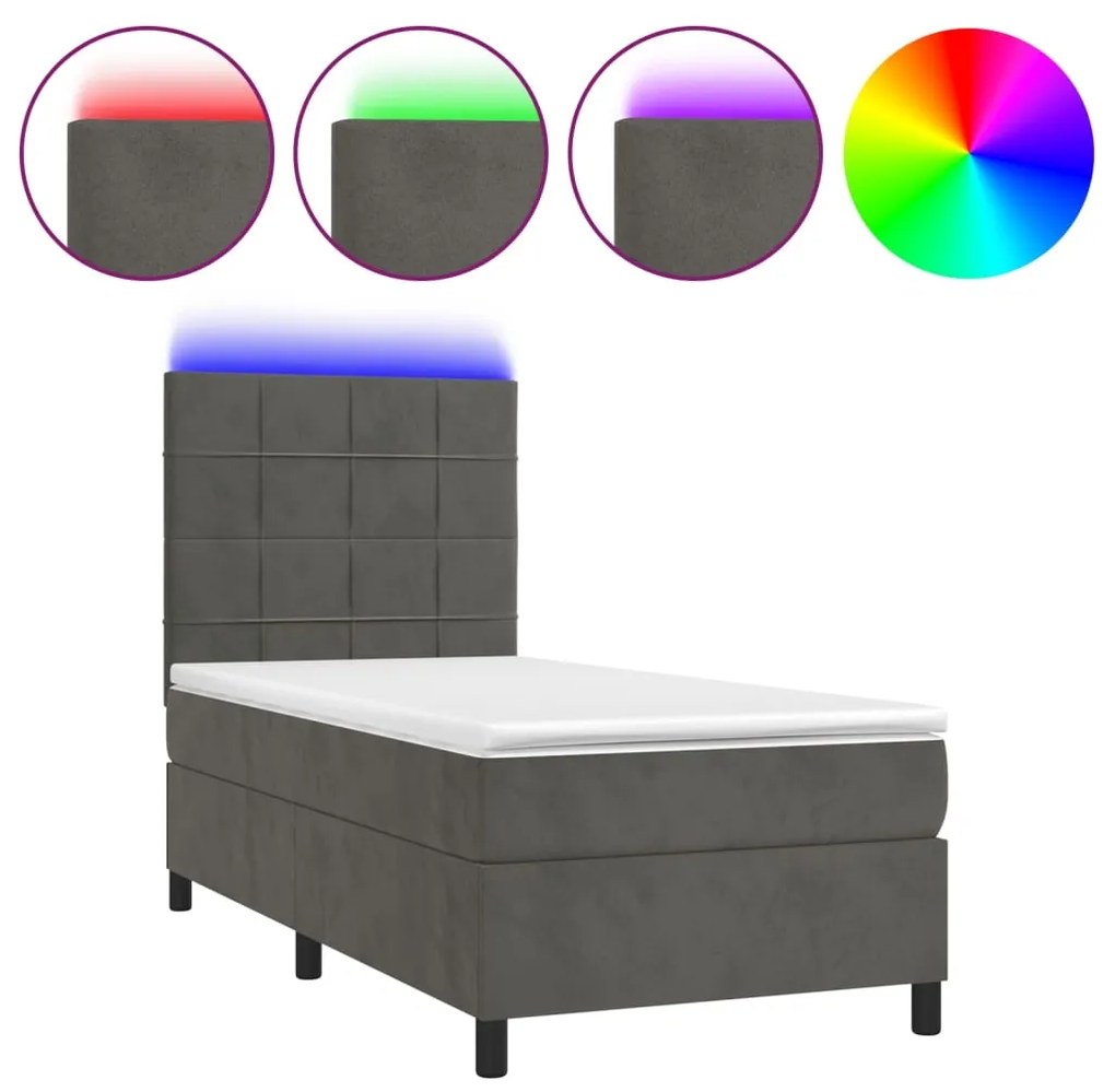 vidaXL Κρεβάτι Boxspring με Στρώμα & LED Σκ. Γκρι 90x190 εκ. Βελούδινο