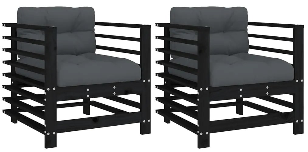 vidaXL Καρέκλες Κήπου με Μαξιλάρια 2 τεμ. Μαύρες από Μασίφ Ξύλο Πεύκου