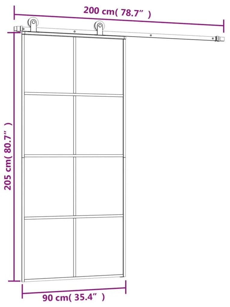 Συρόμενη Πόρτα με Μηχανισμό 90x205 εκ. Γυαλί ESG &amp; Αλουμίνιο - Μαύρο