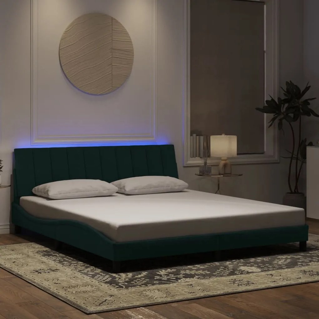 vidaXL Πλαίσιο Κρεβατιού με LED Σκούρο Πράσινο 180x200 εκ. Βελούδινο