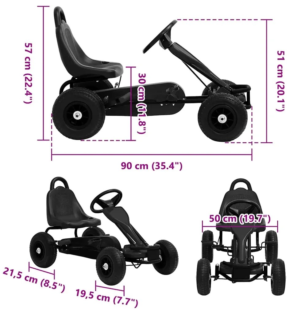 vidaXL Go Kart με Πετάλια και Λάστιχα Πεπιεσμένου Αέρα Μαύρο