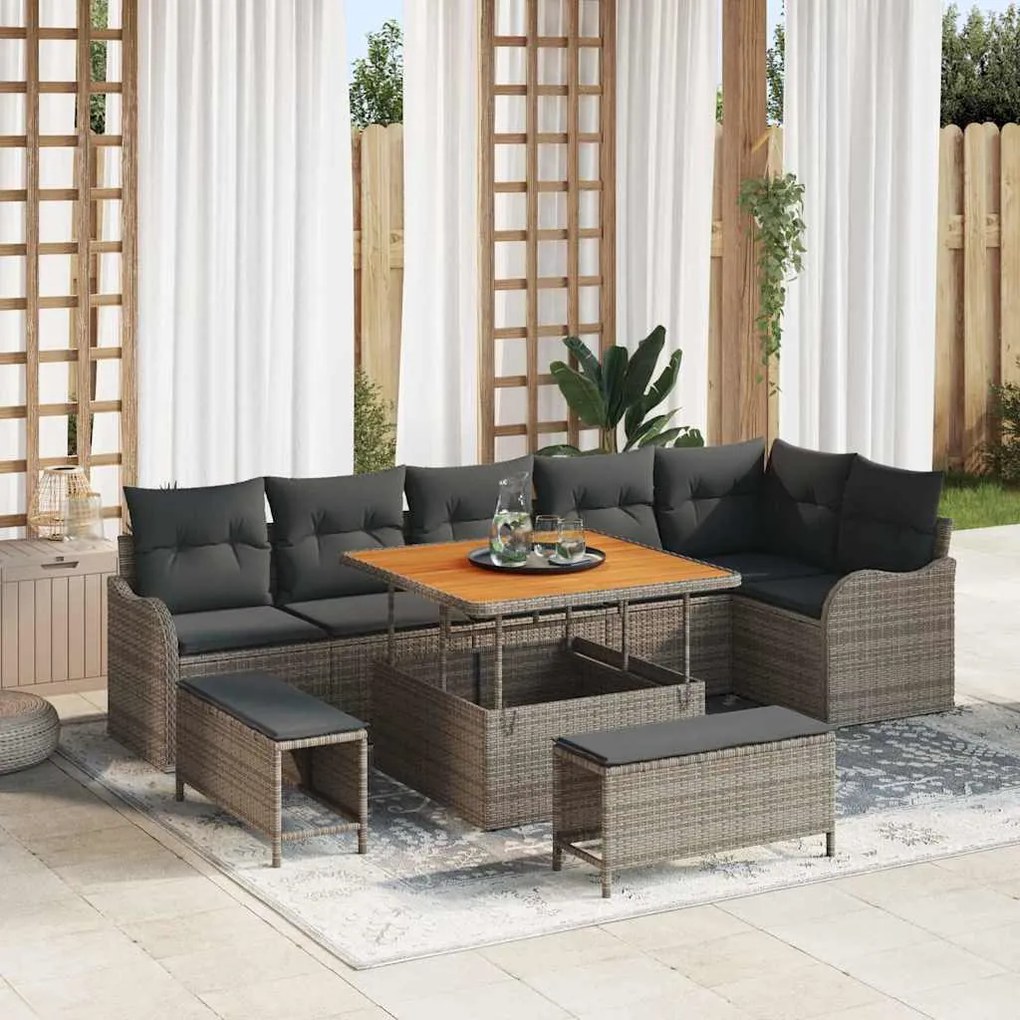 vidaXL Σετ Καναπέ Κήπου Ρυθμιζόμενο ύψος 9 pcs Γκρι συνθετικό ρατάν