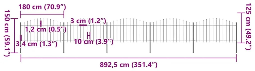 vidaXL Κάγκελα Περίφραξης με Λόγχες Μαύρα (1,25-1,5) x 8,5 μ. Ατσάλινα