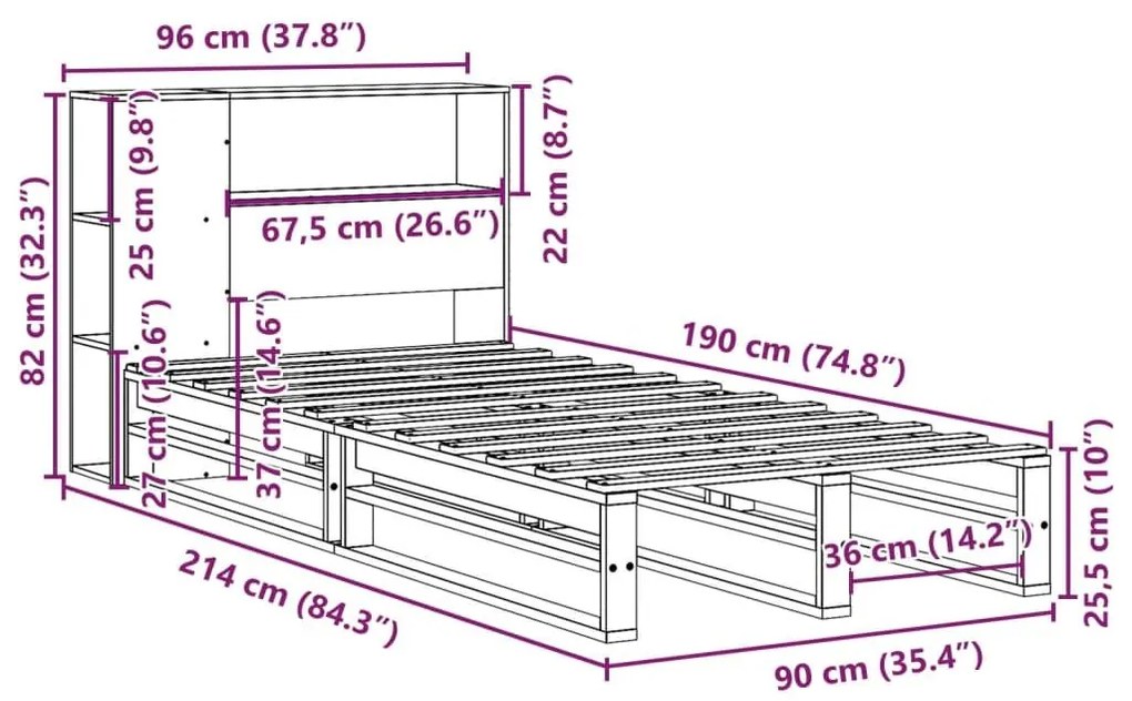 Κρεβάτι Βιβλιοθήκη Χωρίς Στρώμα Καφέ 90x190 εκ Μασίφ Πεύκο - Λευκό