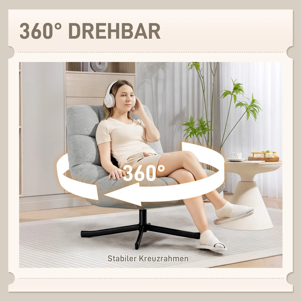 HOMCOM Πολυθρόνα Περιστρεφόμενη Πολυθρόνα Lounge με Φαρδύ Κάθισμα, αδιάβροχο ύφασμα τύπου Chenille, σταυρωτά ατσάλινα πόδια, ανοιχτό γκρι