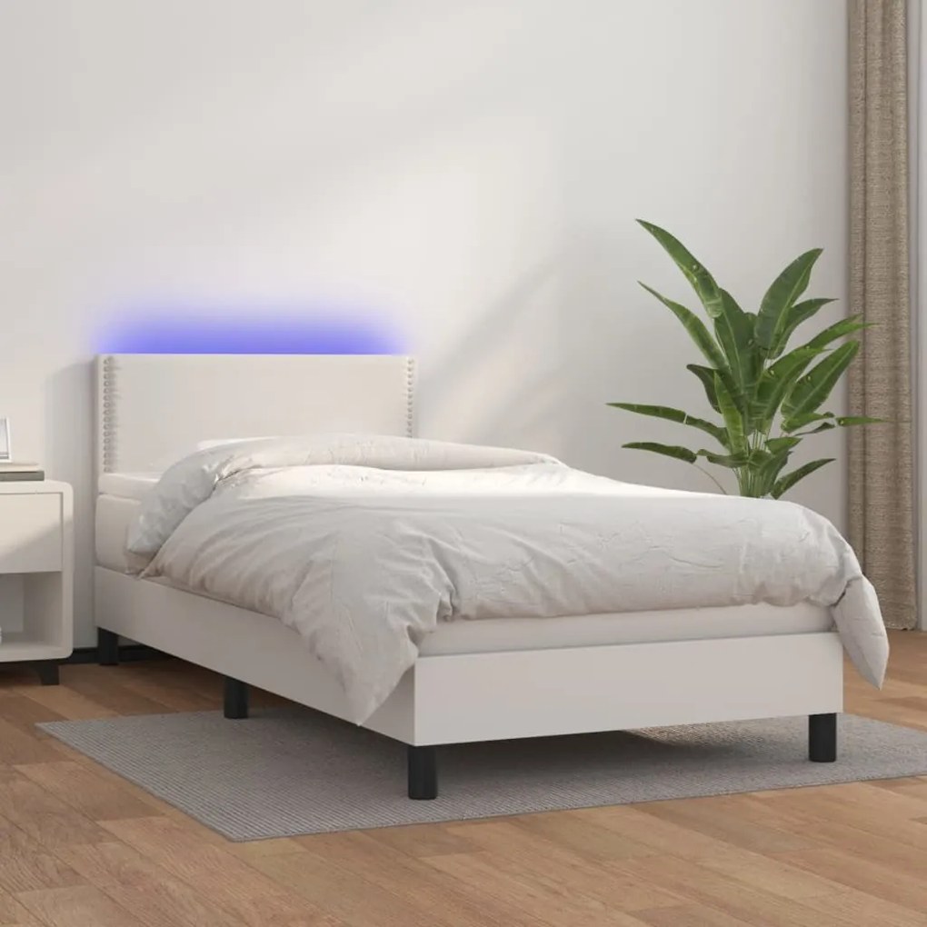 vidaXL Κρεβάτι Boxspring με Στρώμα & LED Λευκό 90x200 εκ. Συνθ. Δέρμα