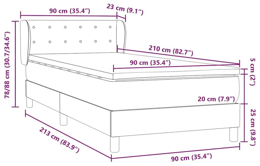 Κρεβάτι Boxspring με Στρώμα Σκούρο Γκρι 90x210 εκ. Βελούδινο - Γκρι