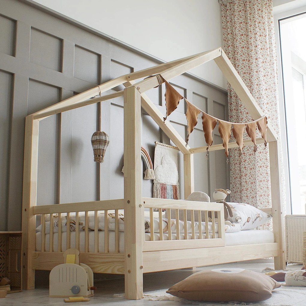 Κρεβάτι Παιδικό Montessori  House Bed  με κάγκελα 23cm  σε Φυσικό  Ξύλο  100×200cm  Luletto (Δώρο 10% έκπτωση στο Στρώμα)