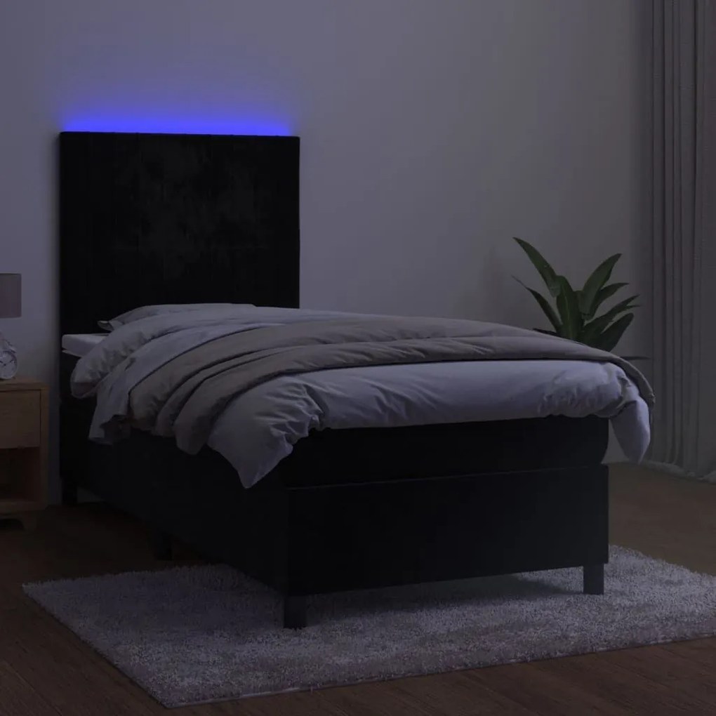 Κρεβάτι Boxspring με Στρώμα &amp; LED Μαύρο 90x200 εκ. Βελούδινο - Μαύρο