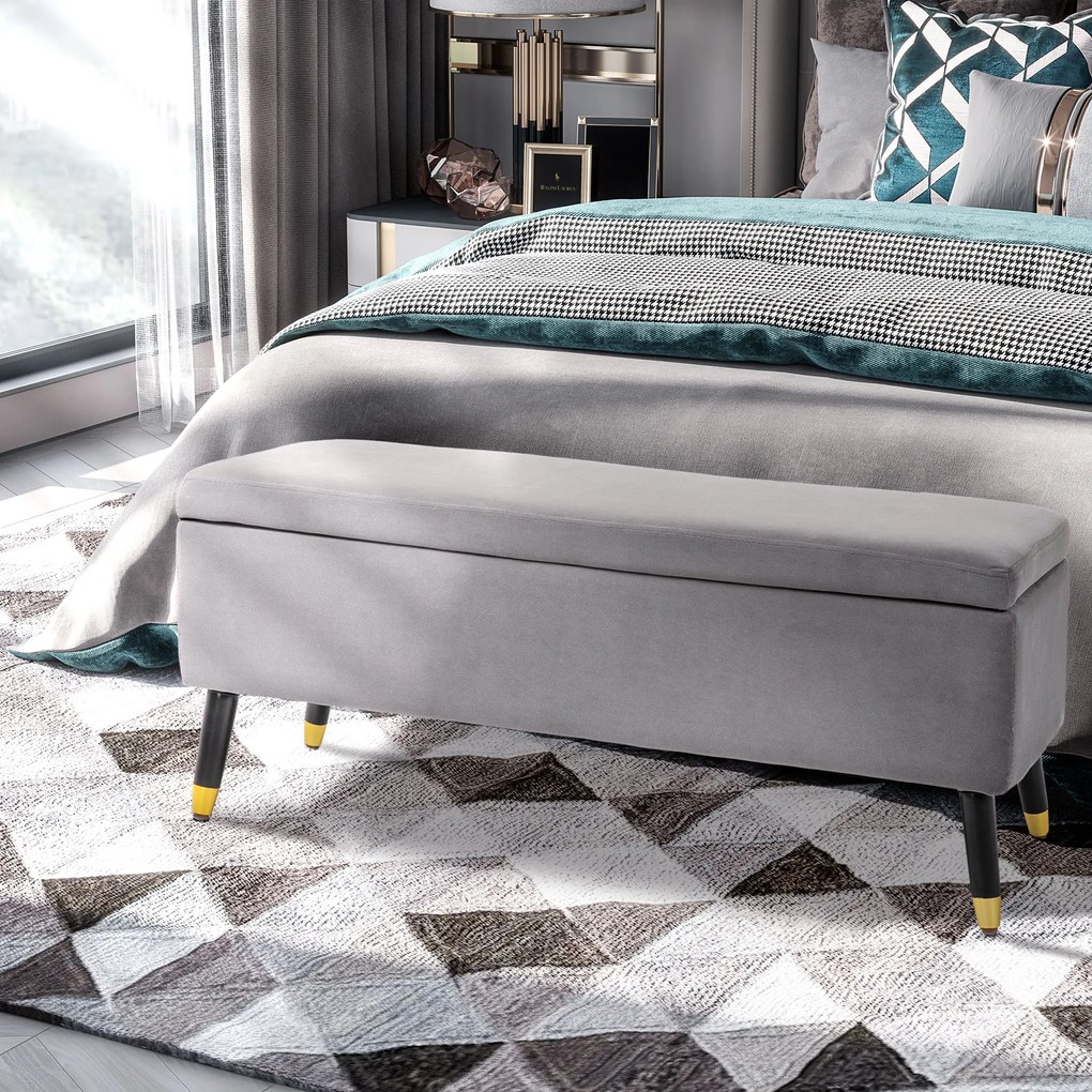 HOMCOM Παγκάκι, Ταμπουράς με Αποθηκευτικό Χώρο, Σεντούκι-Παγκάκι, Μέταλλο, Αφρός, Ξύλο Καουτσούκ, Ανθρακί Γκρι, 110 x 43 x 45 εκ.