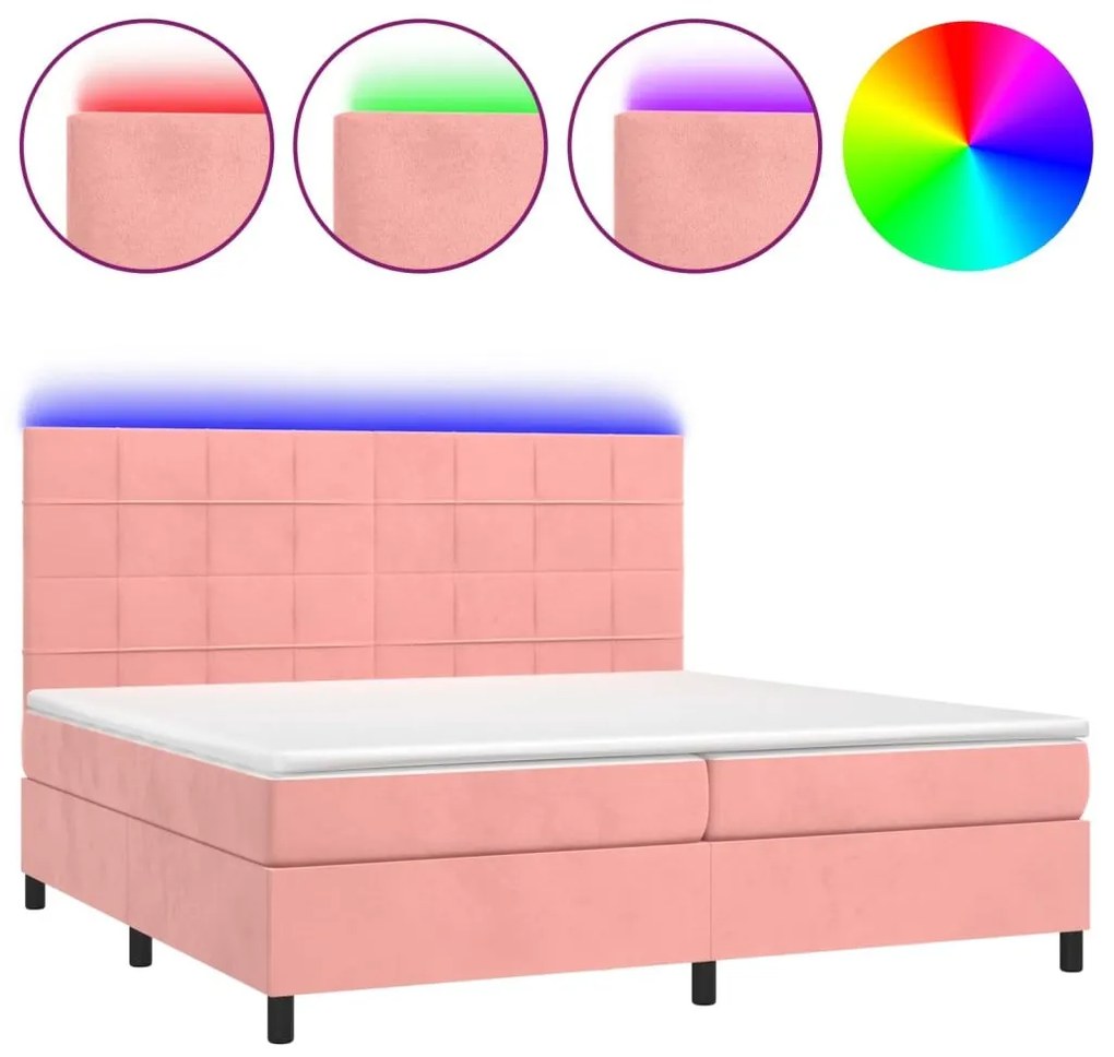 Κρεβάτι Boxspring με Στρώμα &amp; LED Ροζ 200x200 εκ. Βελούδινο - Ροζ