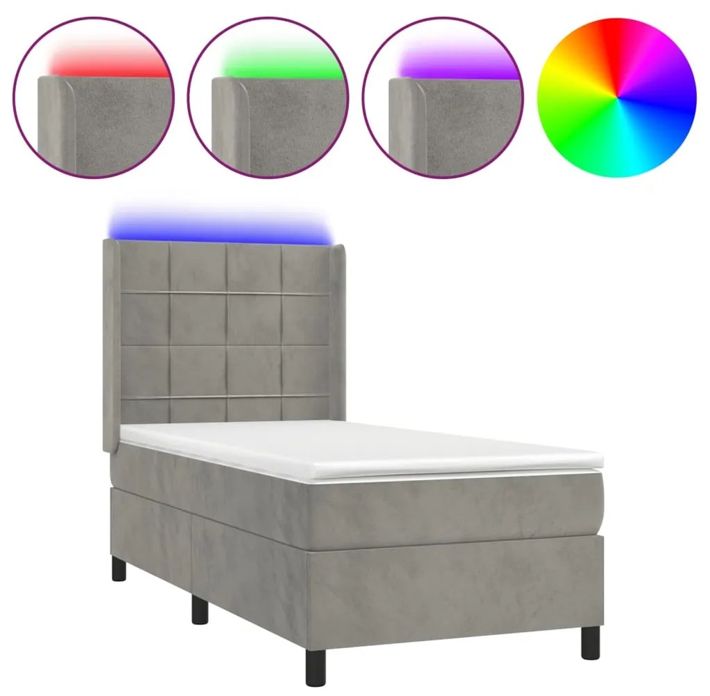 Κρεβάτι Boxspring με Στρώμα &amp; LED Αν.Γκρι 90x200 εκ. Βελούδινο - Γκρι