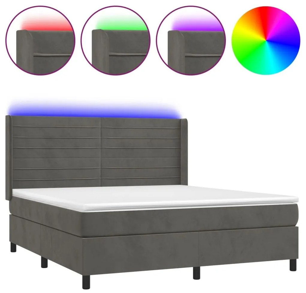 Κρεβάτι Boxspring με Στρώμα &amp; LED Σκ. Γκρι 180x200εκ. Βελούδινο - Γκρι