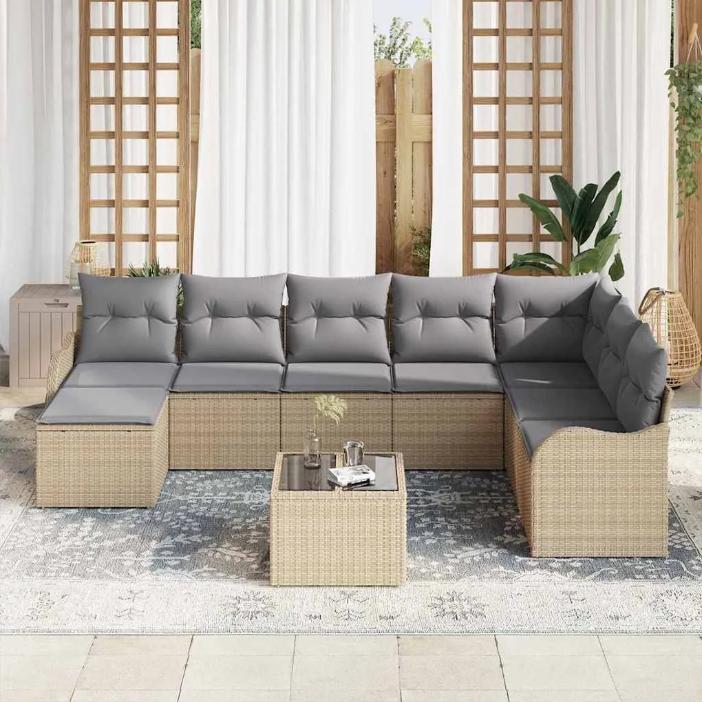 vidaXL Σετ Καναπέ Κήπου με μαξιλάρι 9 pcs Μπεζ Πολυ ράταν