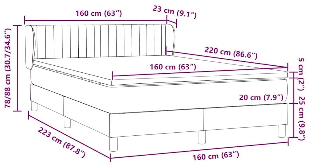 Κρεβάτι Boxspring με Στρώμα Ανοιχτό Γκρι 160x220 εκ. Βελούδινο - Γκρι