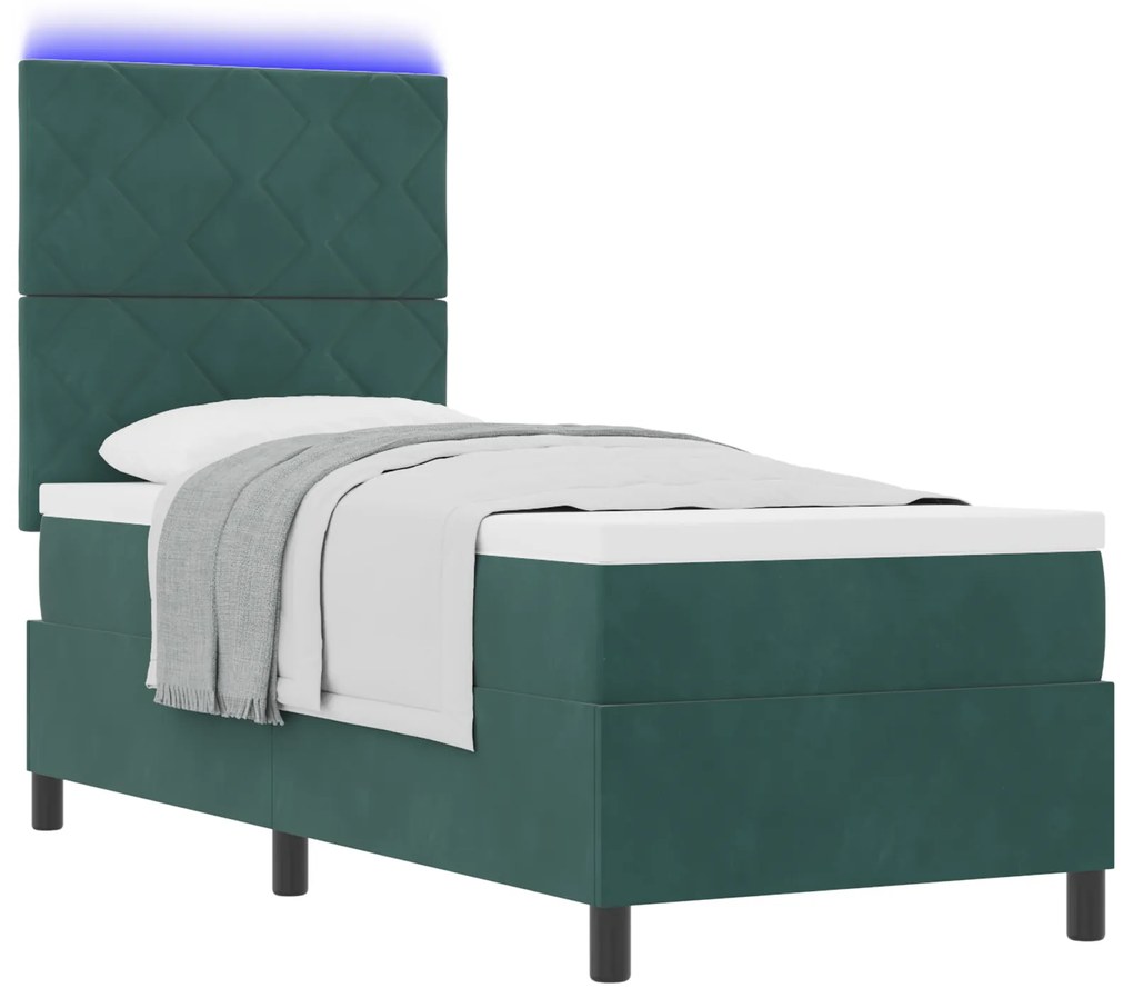 vidaXL Κρεβάτι Box Spring με Στρώμα & LED σε Σκούρο Πράσινο 80x200 εκ. Βελούδο