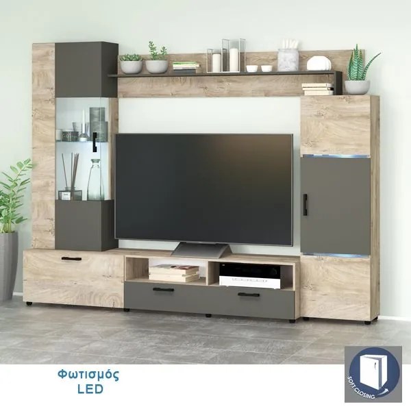 Σύνθετο Σαλονιού Forel με φωτισμό Led, 265x200x43/30cm Oak Norte+Dark Grey -GRA205