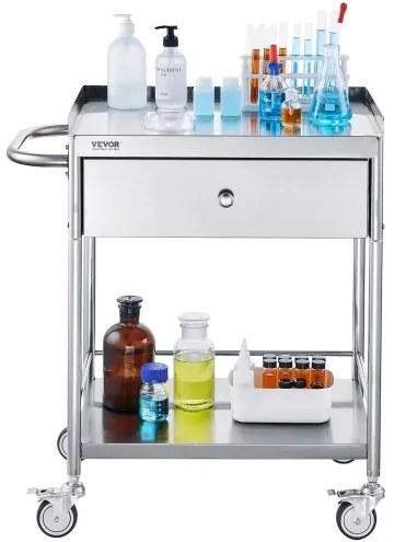 VEVOR Medical Cart, 2 Layers Stainless Steel Cart 220 lbs Weight Capacity, Lab Utility Cart with 360° Silent Wheels and a Drawer for Lab, Clinic, Kitchen, Salon