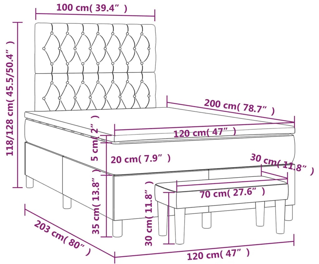 Κρεβάτι Boxspring με Στρώμα Ανοιχτό Γκρι 120x200 εκ. Βελούδινο - Γκρι