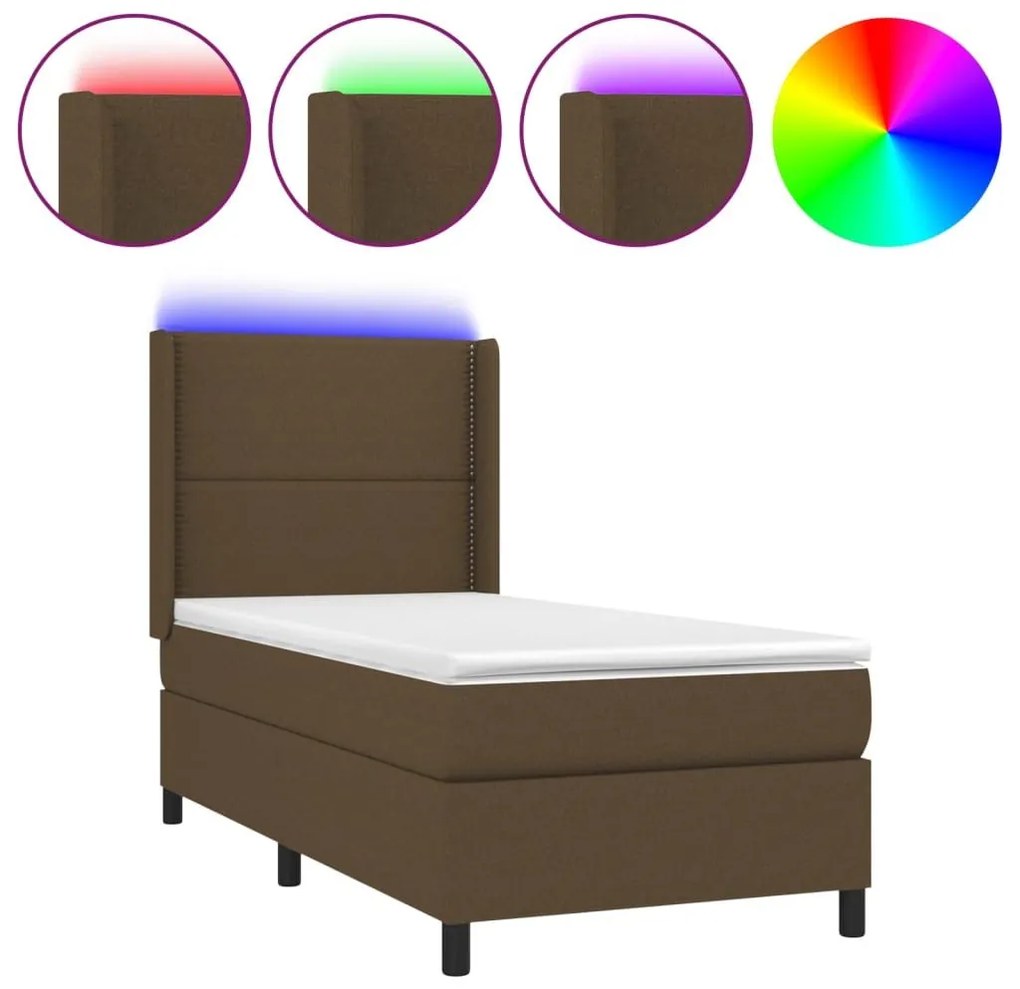 Κρεβάτι Boxspring με Στρώμα &amp; LED Σκ.Καφέ 80x200 εκ. Υφασμάτινο - Καφέ