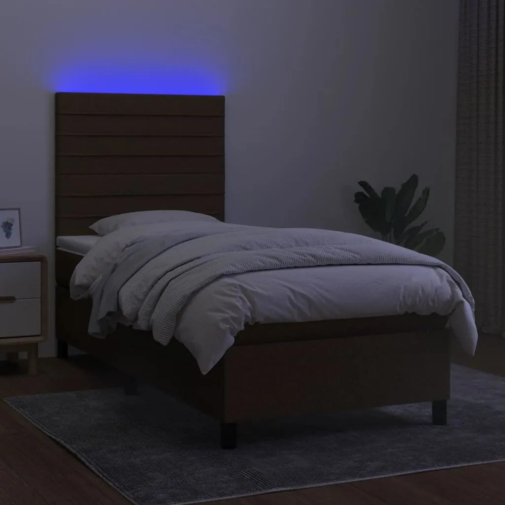 vidaXL Κρεβάτι Boxspring με Στρώμα & LED Σκ.Καφέ 90x190 εκ. Υφασμάτινο