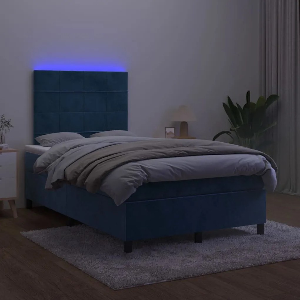 Κρεβάτι Boxspring με Στρώμα &amp; LED Σκ. Μπλε 120x200εκ. Βελούδινο - Μπλε