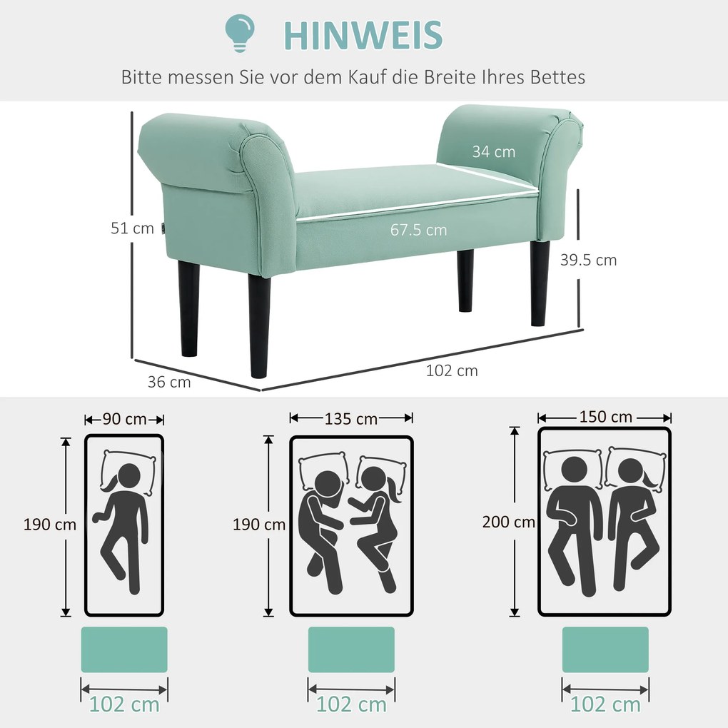 HOMCOM Ταπετσαρισμένο παγκάκι για υπνοδωμάτιο και διάδρομο, αντοχή έως 130 kg, 102 x 36 x 51 cm, Πράσινο