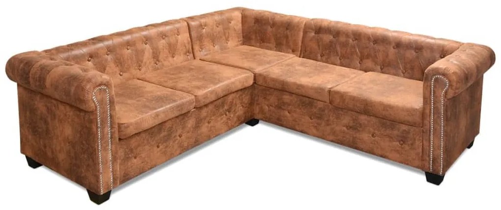 vidaXL Καναπές Γωνιακός Πενταθέσιος Chesterfield Καφέ Συνθετικό Δέρμα