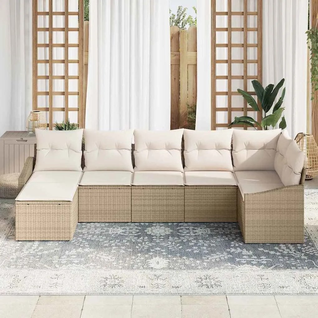 vidaXL Σετ κεντρικής τραπεζαρίας 7 τεμαχίων από poly rattan με μαξιλάρια σε μπεζ χρώμα