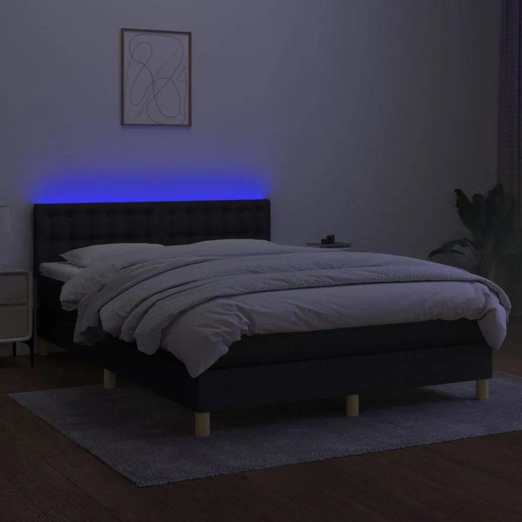 Κρεβάτι Boxspring με Στρώμα &amp; LED Μαύρο 140x200 εκ. Υφασμάτινο - Μαύρο