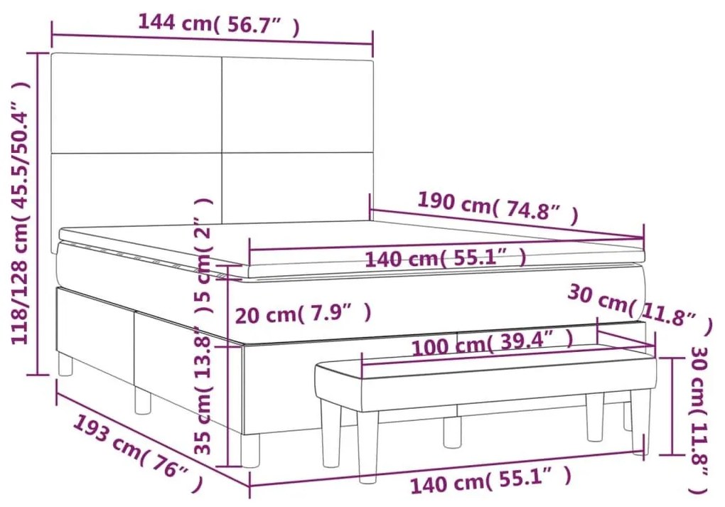 Κρεβάτι Boxspring με Στρώμα Ανοιχτό Γκρι 140x190 εκ. Υφασμάτινο - Γκρι