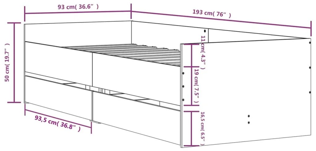 Πλαίσιο Κρεβατιού με Συρτάρια Μαύρο 90 x 190 εκ. - Μαύρο