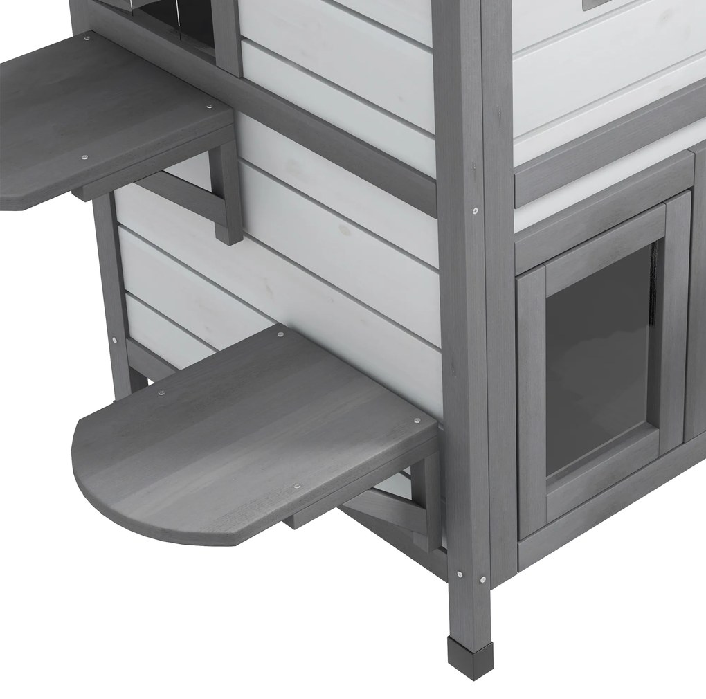 PawHut Σπίτι Γάτας, 2 Επίπεδα, Ανθεκτικό στις Καιρικές Συνθήκες, 99,5 x 76 x 91 cm, Λευκό + Γκρι