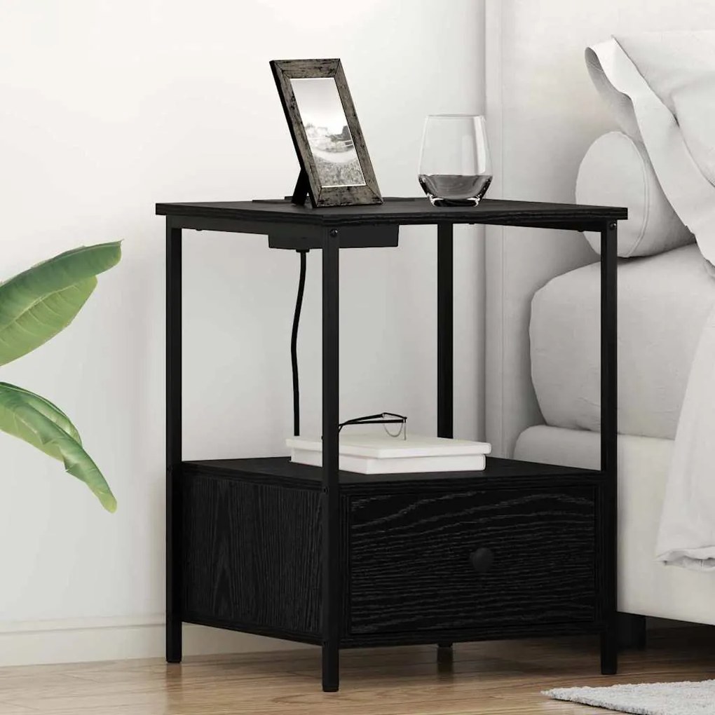 vidaXL Κομοδίνο με Σταθμό Φόρτισης 2 pcs Μαύρη δρυς Επεξεργασμένο ξύλο