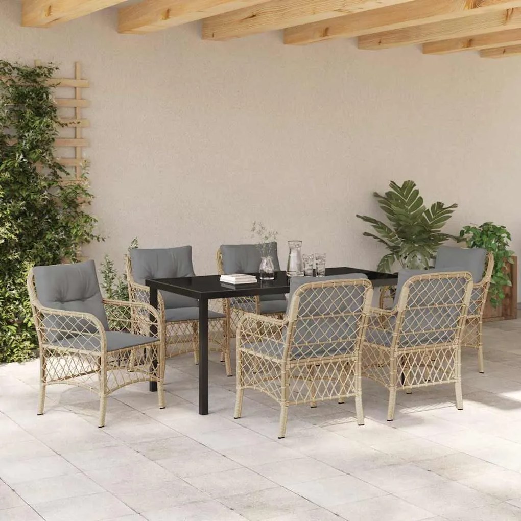 vidaXL Σέτ φαγητού για κήπο με μαξιλάρι 7 pcs Μπεζ Πολυ ράταν