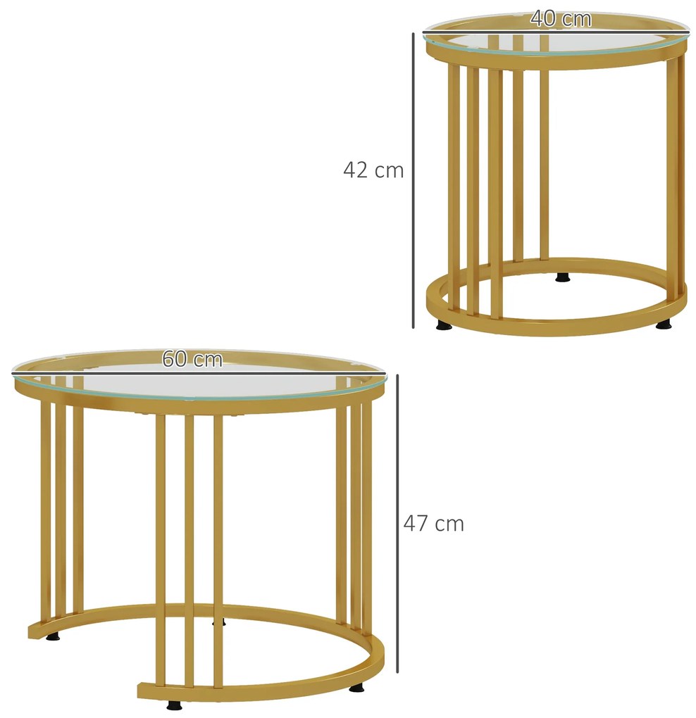 HOMCOM Σετ βοηθητικών τραπεζιών, 2 τραπέζια, ανθρακούχος χάλυβας, γυάλινη επιφάνεια, Ø60x47/Ø40x42 εκ., Χρυσό