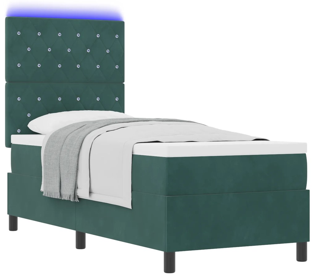 vidaXL Κρεβάτι Box Spring με Στρώμα & LED Σκούρο Πράσινο 80x200 εκ Βελούδο