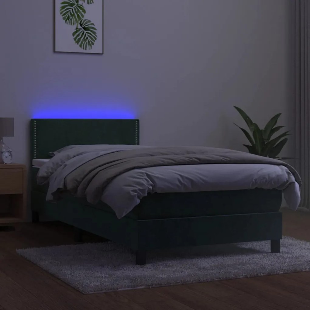 Κρεβάτι Boxspring με Στρώμα &amp; LED Σκ. Πράσινο 80x200 εκ Βελούδο  - Πράσινο