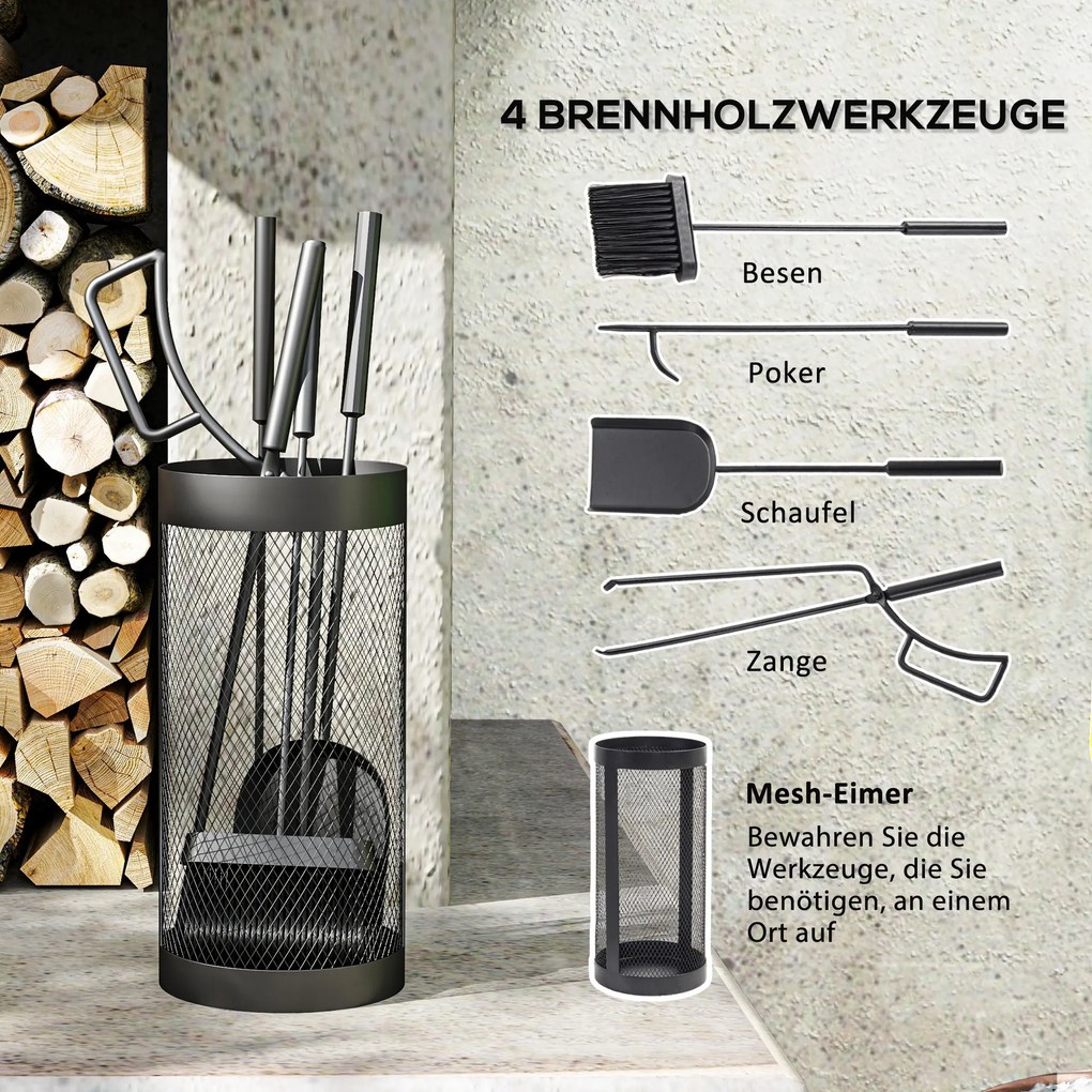 Σετ εργαλείων τζακιού, 5 τεμαχίων, σκούπα, φτυάρι, τανάλια, σκούπα και καλάθι, πυρίμαχο μέταλλο, Μαύρο