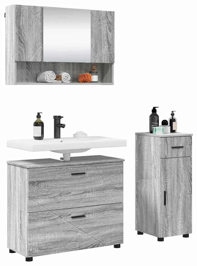 vidaXL Σετ Επίπλων Μπάνιου με συρτάρι με ράφι 3 pcs Γκρίζο Σονομα