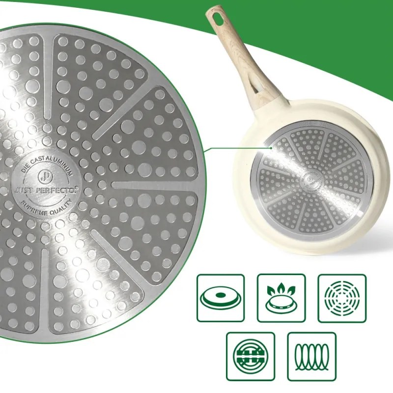 Τηγάνι Just Perfecto JL-41, 24 cm, Γυάλινο καπάκι, Μαρμάρινη επίστρωση, Χωρίς PFAS, Επαγωγή, Μπεζ
