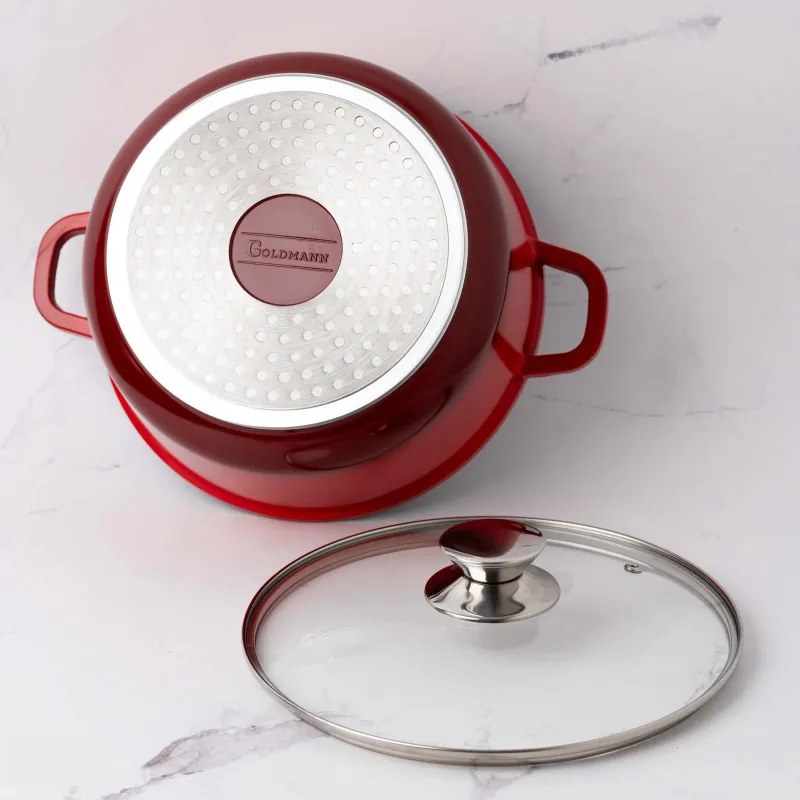 Κατσαρόλα Goldmann GM-7324R, 4,5 l, 24 cm, Αντικολλητική μαρμάρινη επίστρωση, Καπάκι με άνοιγμα, Επαγωγή, Κόκκινο