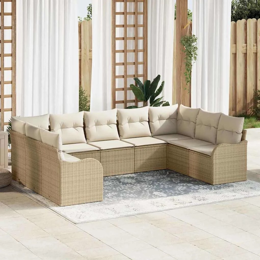 vidaXL Σετ Καναπέ Κήπου με μαξιλάρι 9 pcs Μπεζ Πολυ ράταν