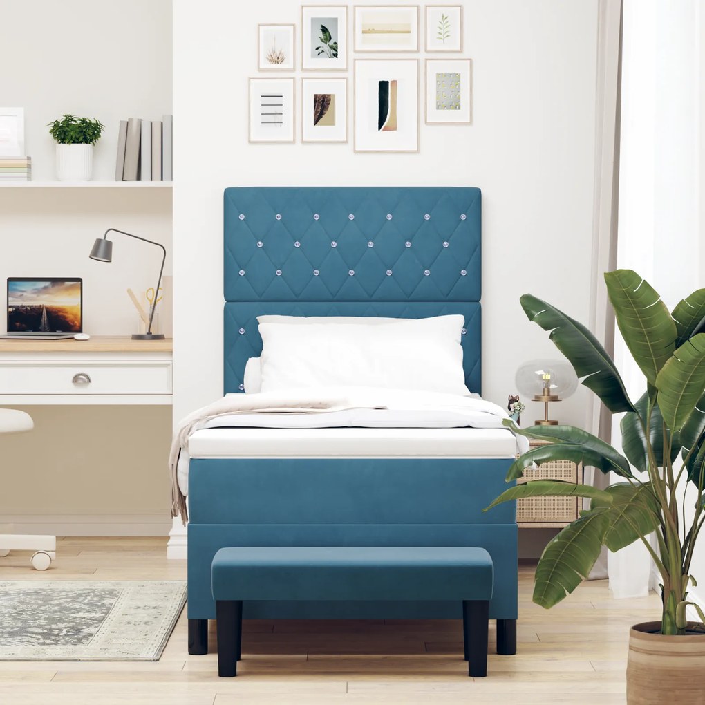 vidaXL Box Spring Κρεβάτι με Στρώμα & Παγκάκι Σκούρο Μπλε 90x190 εκ Βελούδο