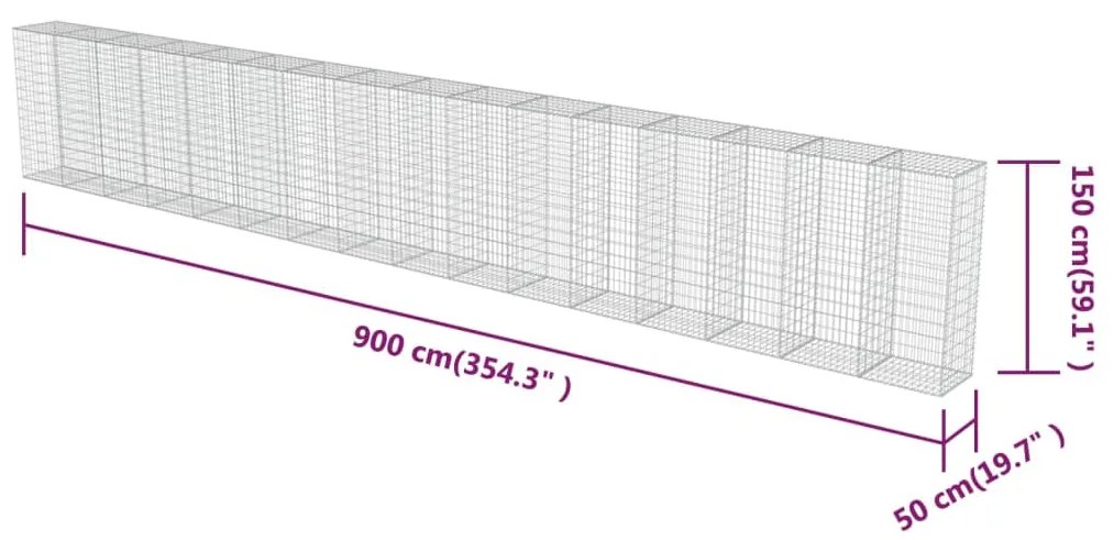 vidaXL Συρματοκιβώτιο Τοίχος 900x50x150 εκ. Γαλβαν.Χάλυβας + Καλύμματα