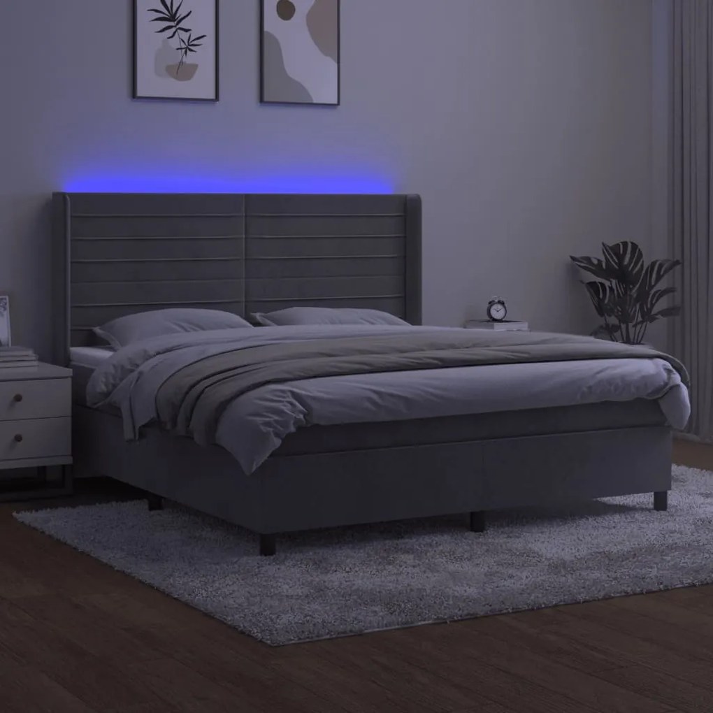 vidaXL Κρεβάτι Boxspring με Στρώμα & LED Αν.Γκρι 160x200 εκ. Βελούδινο