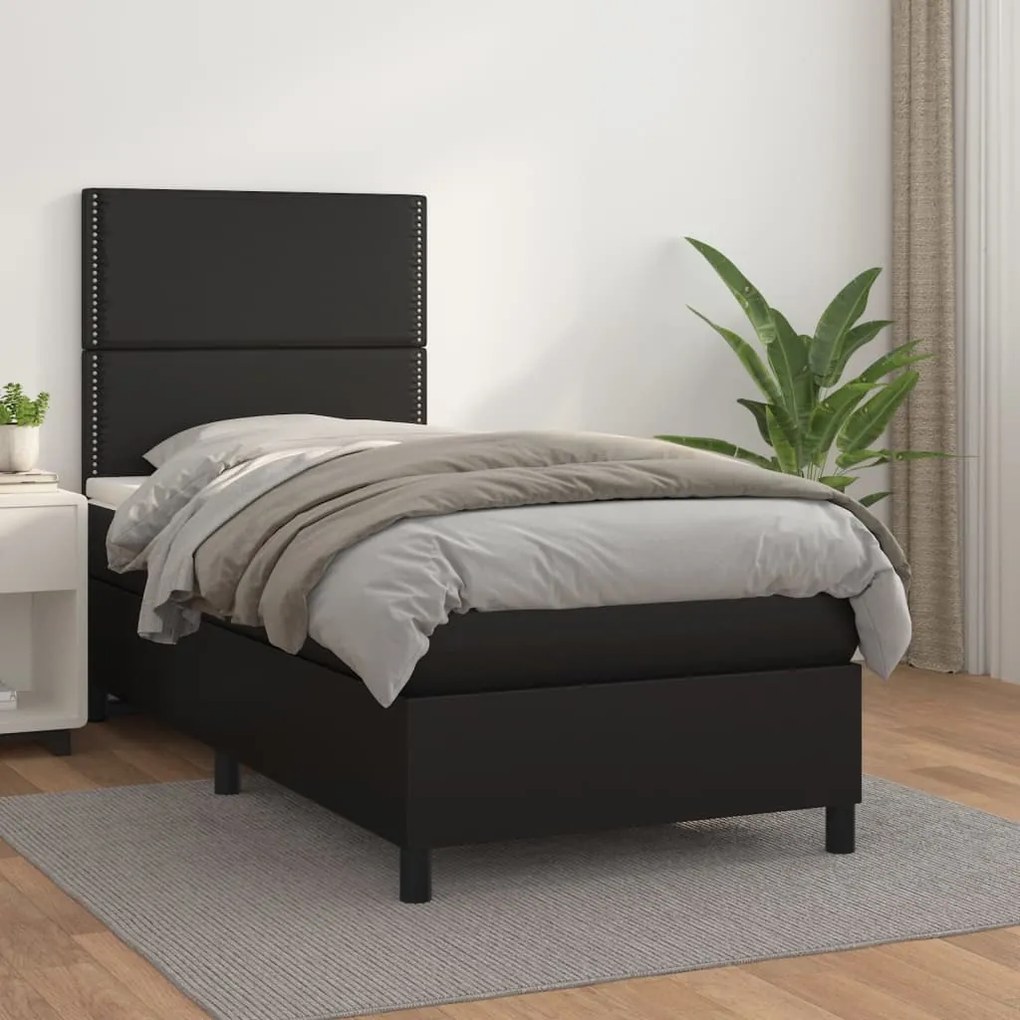 vidaXL Κρεβάτι Boxspring με Στρώμα Μαύρο 90x200εκ. από Συνθετικό Δέρμα