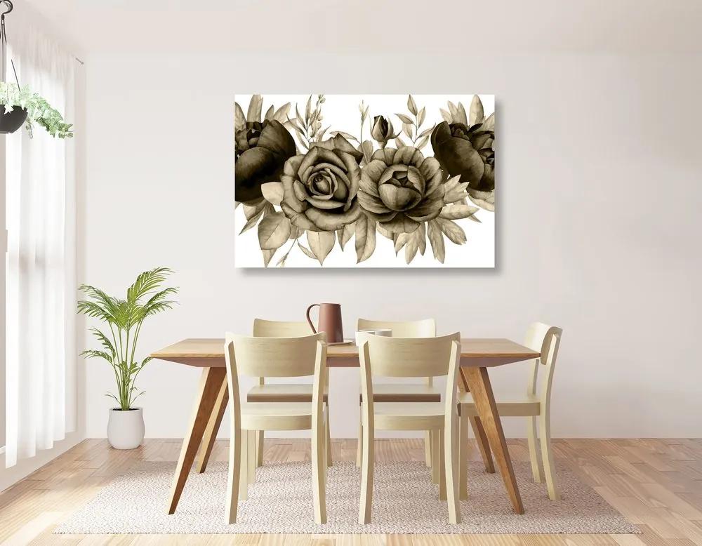 Φανταστείτε τον γοητευτικό συνδυασμό λουλουδιών και φύλλων σε σχέδιο σέπια - 120x80