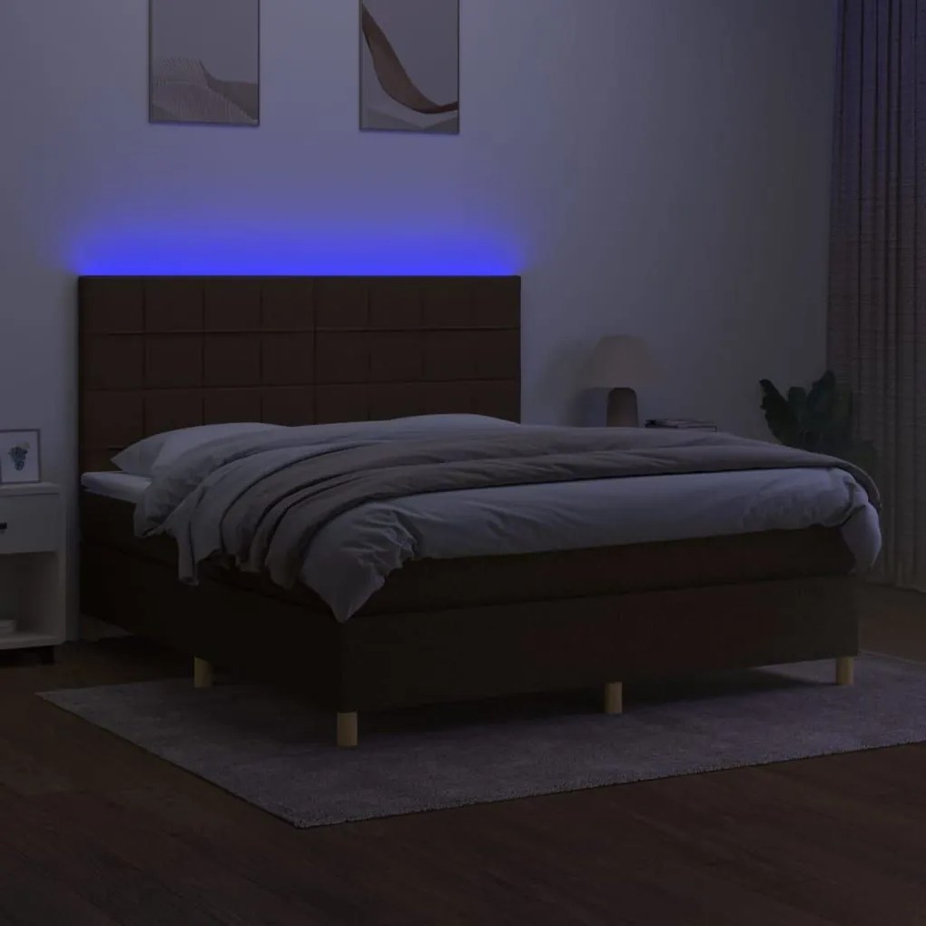 Κρεβάτι Boxspring με Στρώμα &amp; LED Σκ.Καφέ 180x200εκ. Υφασμάτινο - Καφέ